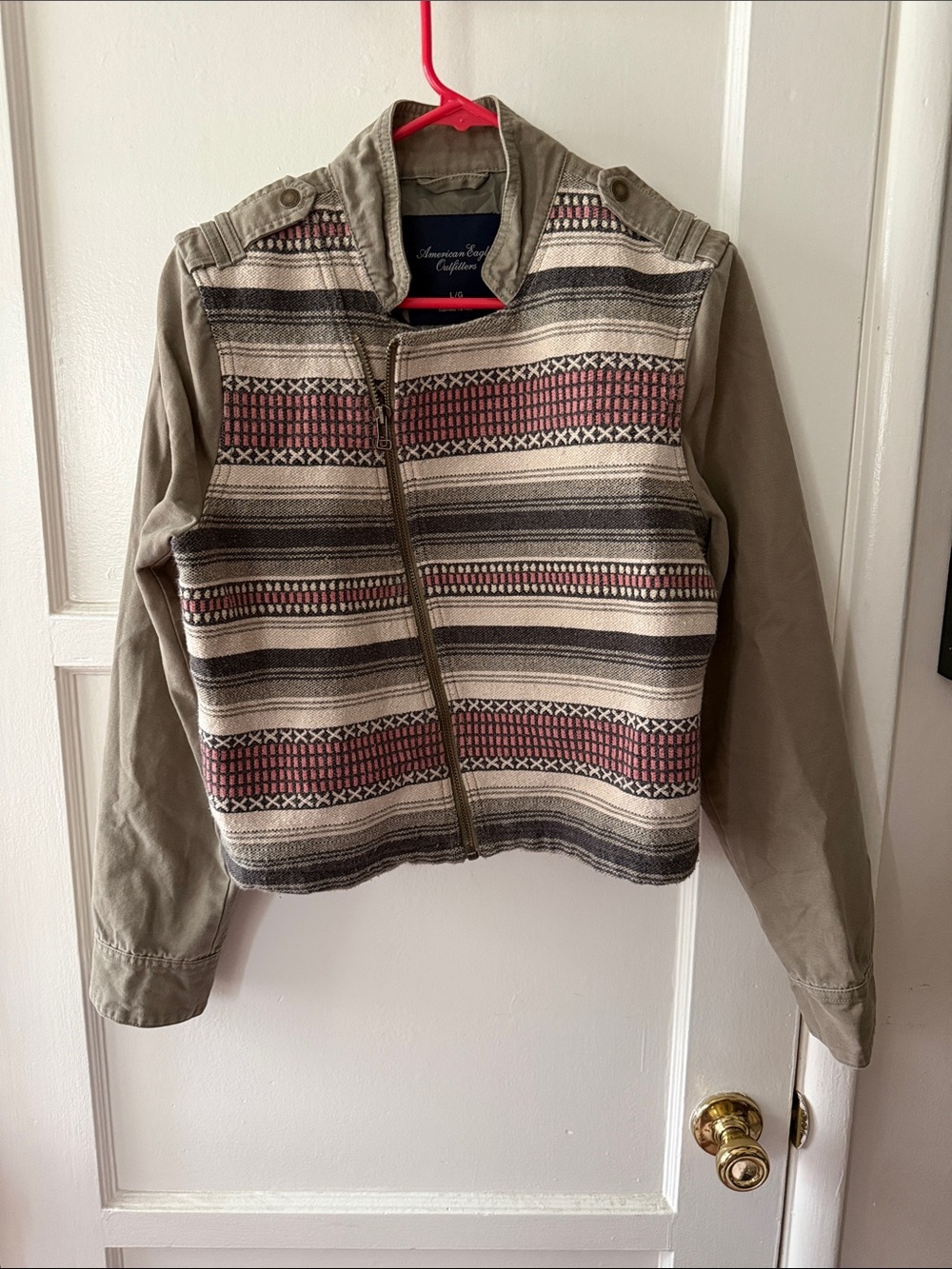 American Eagle Olive Patterned Zip-Front Jacket